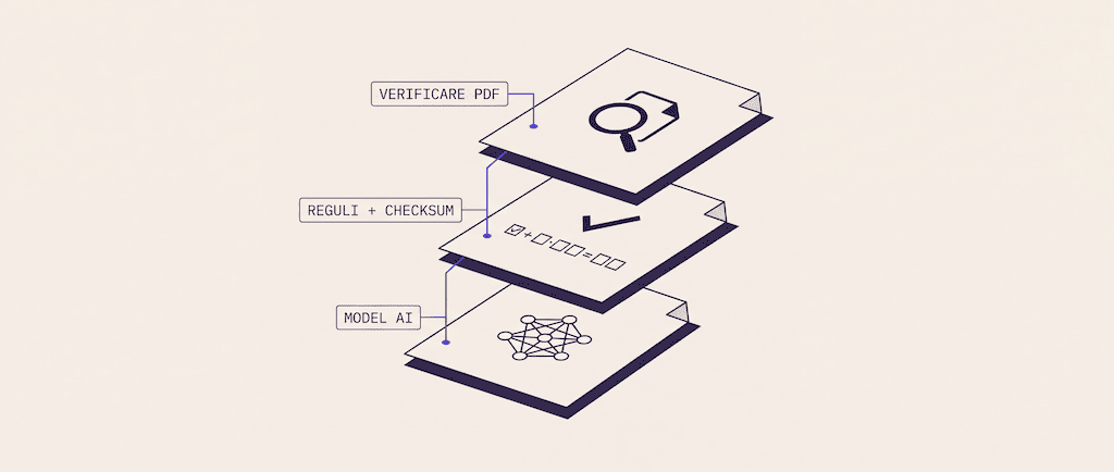 Diagramă cu trei straturi suprapuse: model AI, reguli cu checksum și verificare finală pe PDF