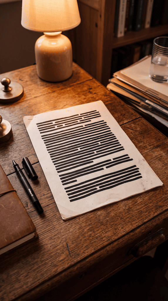 Document de hârtie cu rândurile acoperite de bare negre de redactare, pe un birou de lemn